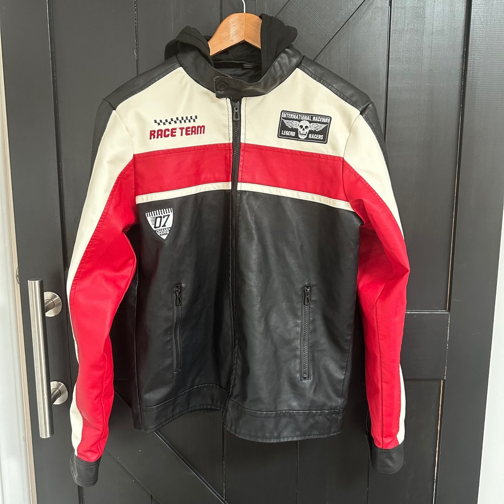 Y2K Racing Jacket Faux Leather Hooded Moto Black Red White Men's Size Small